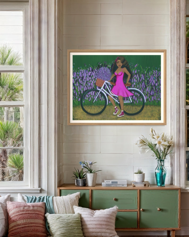 Framed fine art print of Black woman with natural hair surrounded by lush lavender field, painted in gouache.