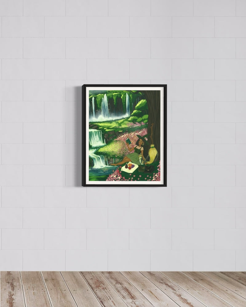 Framed fine art print of Black woman with natural hair surrounded by verdant lush enchanted forest, painted in gouache.