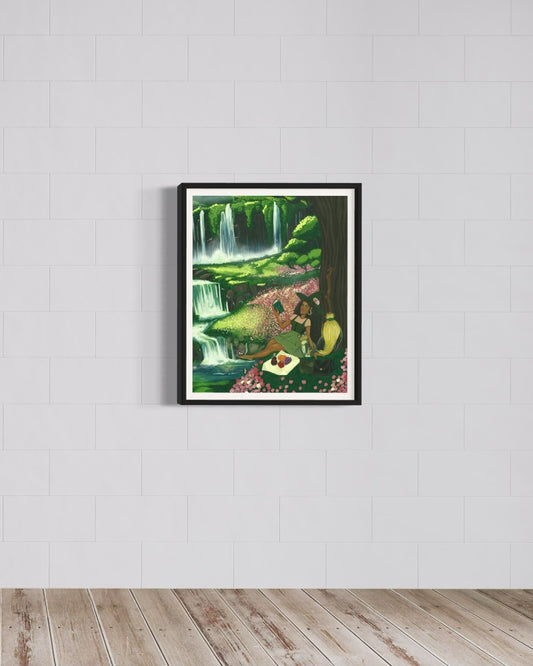 Framed fine art print of Black woman with natural hair surrounded by verdant lush enchanted forest, painted in gouache.