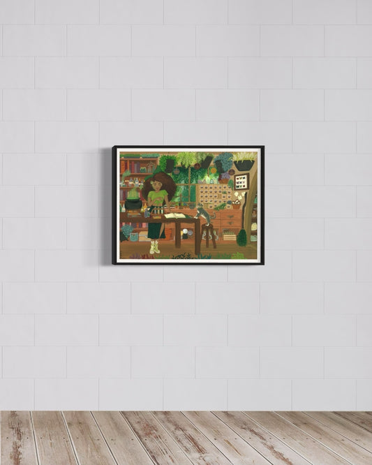 Framed fine art print of Black woman with natural hair surrounded by verdant lush apothecary greenhouse, painted in gouache.