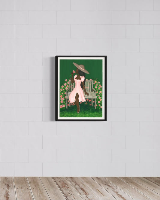 Framed print of Black woman with natural hair surrounded by lush rose garden, painted in gouache.