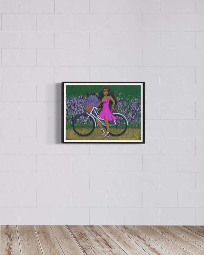 Framed fine art print of Black woman with natural hair surrounded by lush lavender field, painted in gouache.