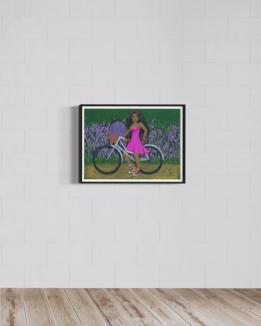 Framed fine art print of Black woman with natural hair surrounded by lush lavender field, painted in gouache.