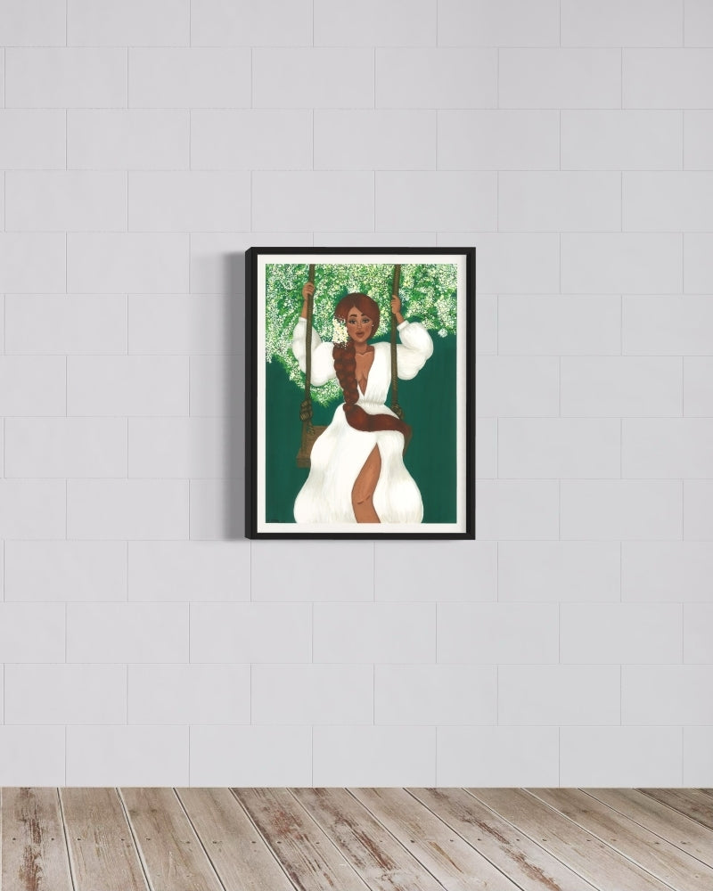 Framed fine art print of Black woman with natural hair surrounded by lush jasmine tree, painted in gouache.