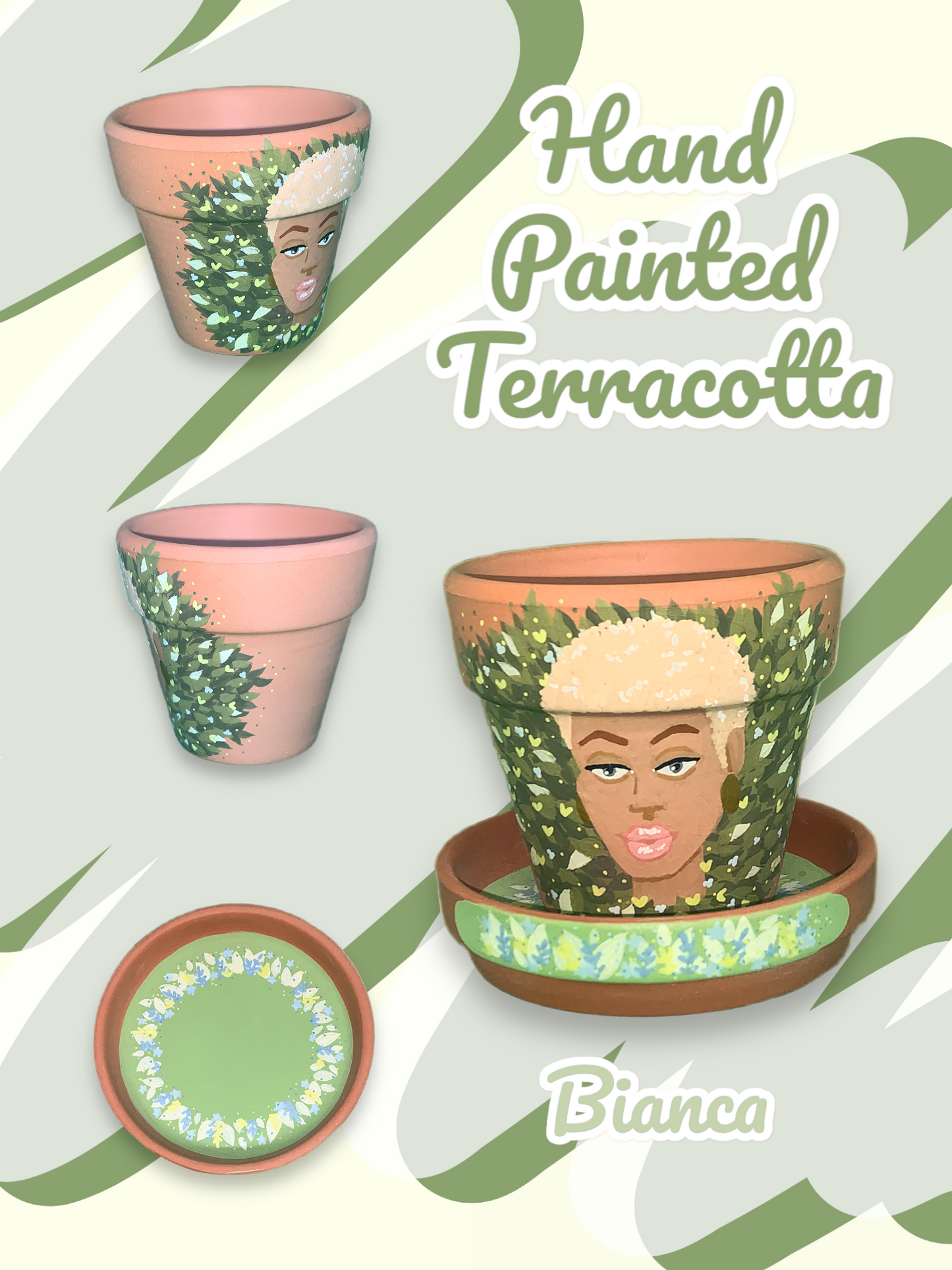 Macetas de terracota pintadas a mano: maceta de 2,5" con platillo a juego