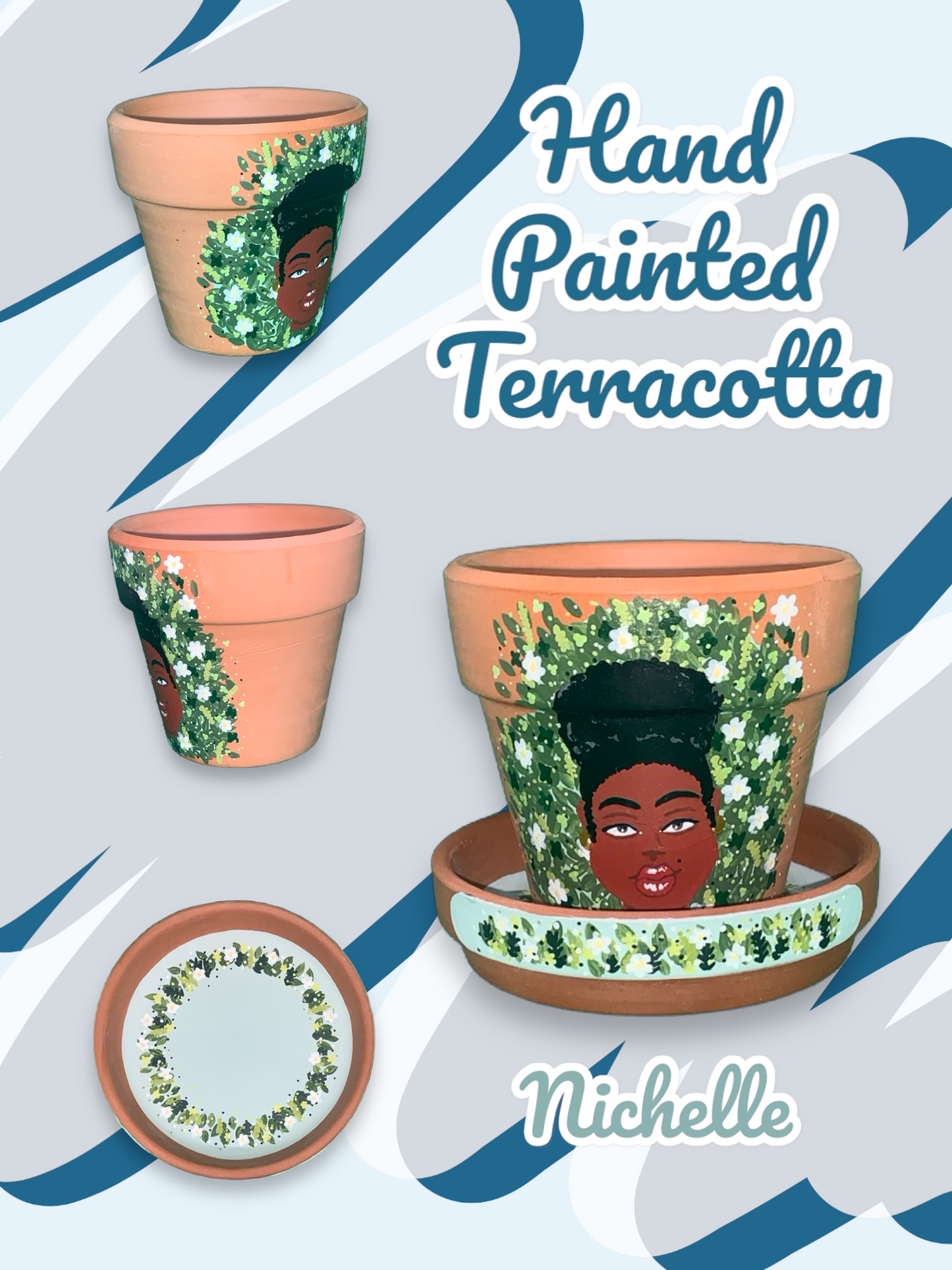 Macetas de terracota pintadas a mano: maceta de 2,5" con platillo a juego