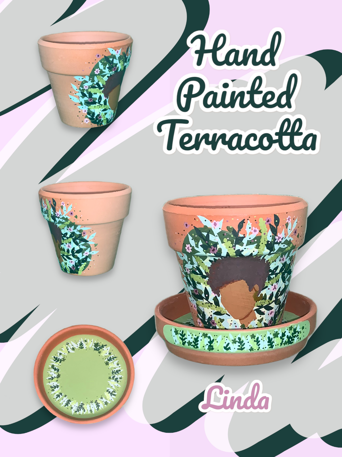 Macetas de terracota pintadas a mano: maceta de 2,5" con platillo a juego