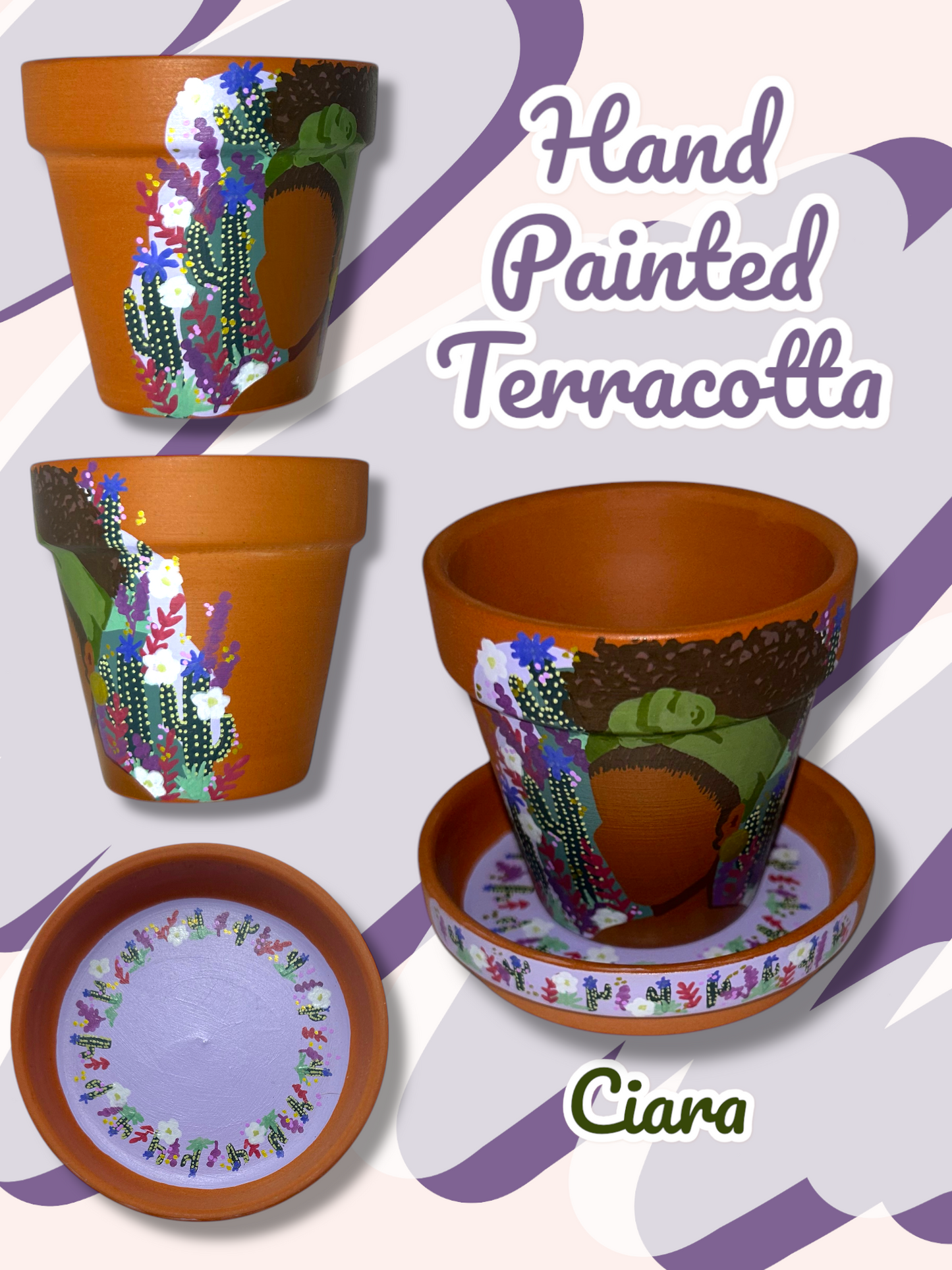 Macetas de terracota pintadas a mano: maceta de 2,5" con platillo a juego
