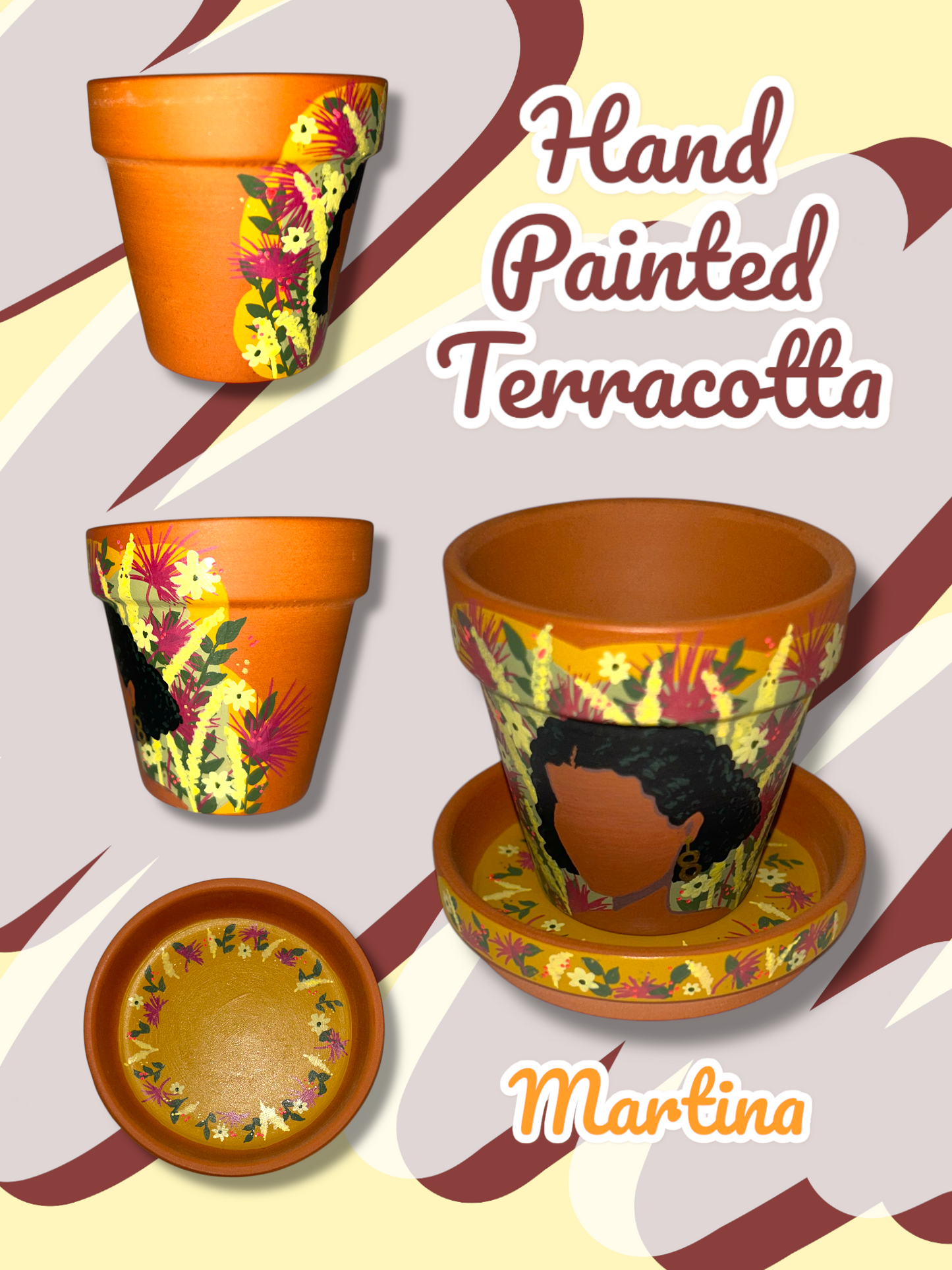 Macetas de terracota pintadas a mano: maceta de 2,5" con platillo a juego