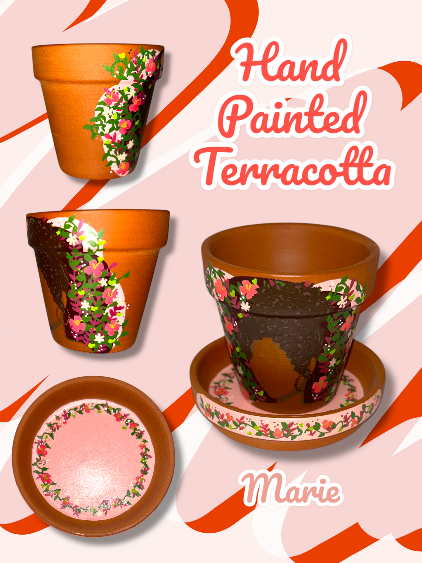 Macetas de terracota pintadas a mano: maceta de 2,5" con platillo a juego