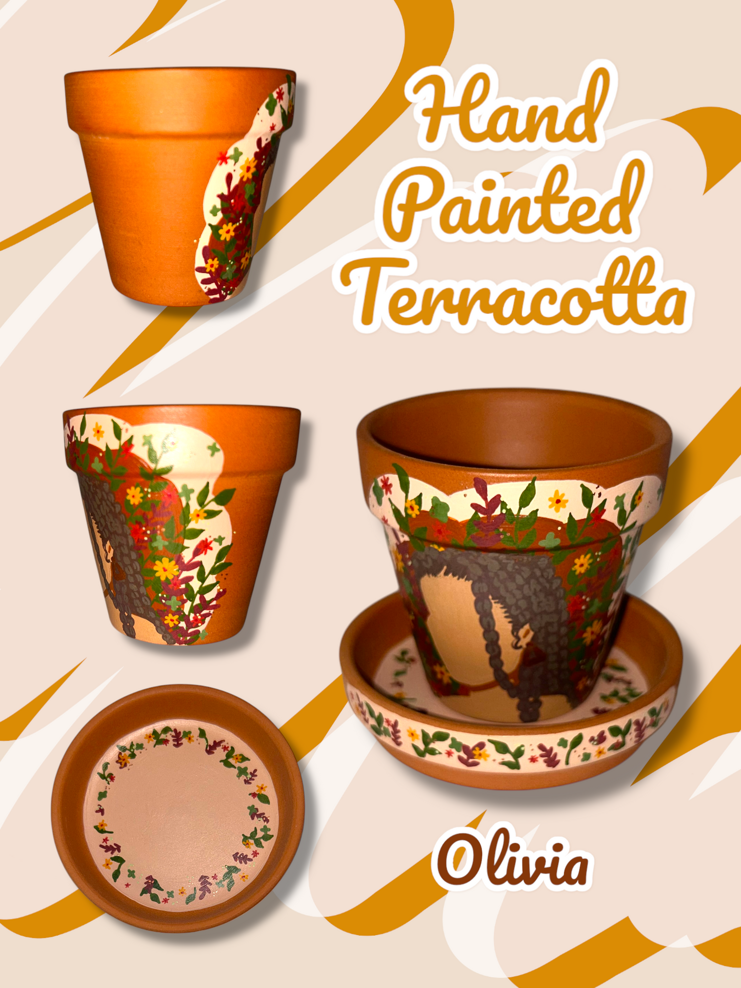 Macetas de terracota pintadas a mano: maceta de 2,5" con platillo a juego
