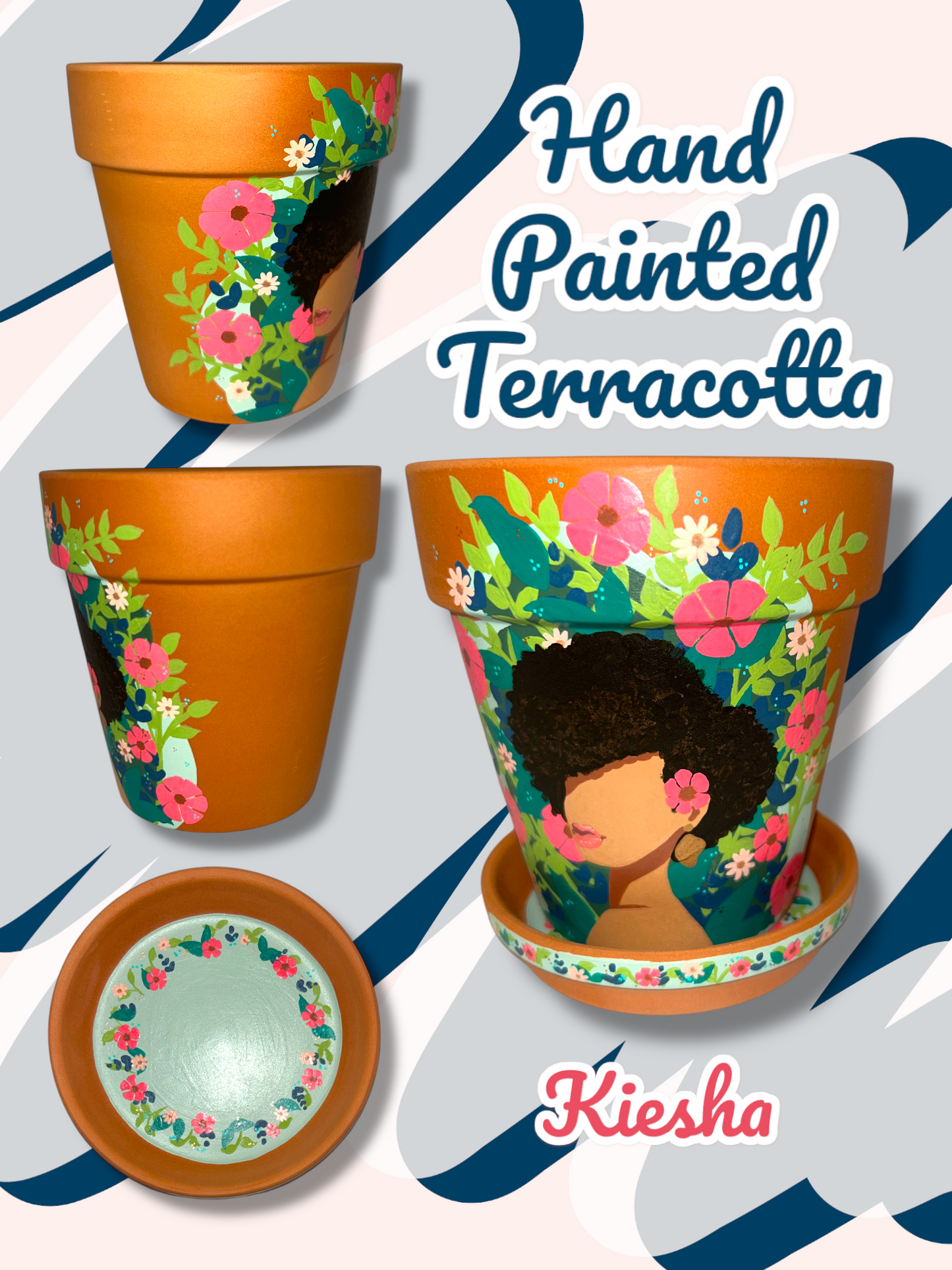 Macetas de terracota pintadas a mano: maceta de 5" con platillo a juego