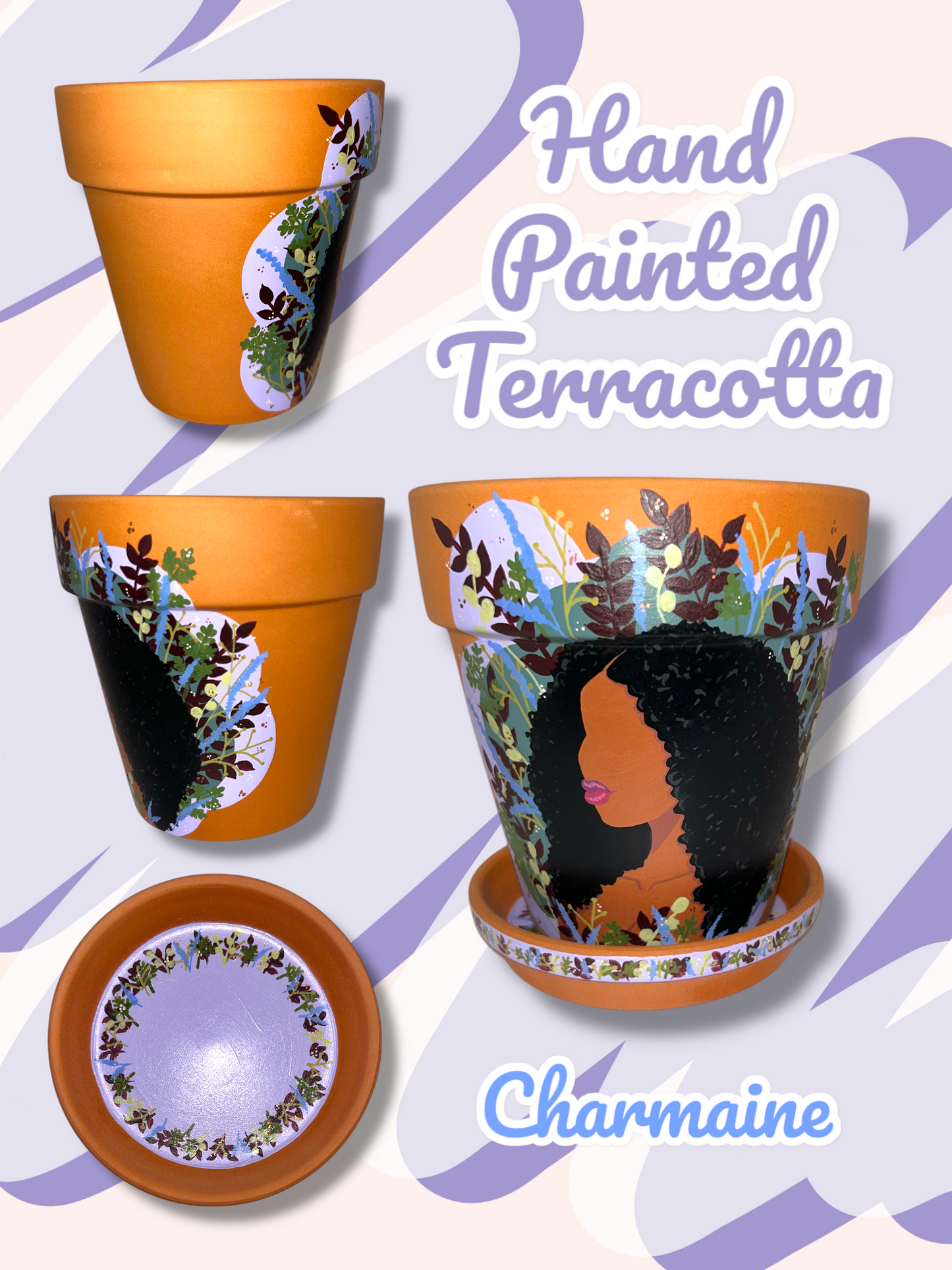 Macetas de terracota pintadas a mano: maceta de 5" con platillo a juego