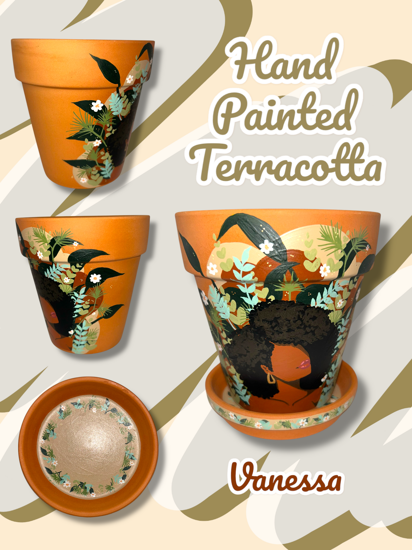 Macetas de terracota pintadas a mano: maceta de 5" con platillo a juego