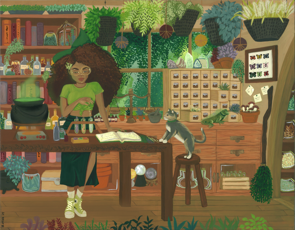 Black woman with natural hair surrounded by verdant lush apothecary greenhouse, painted in gouache.