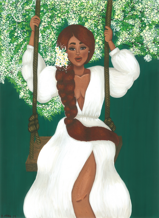 Black woman with natural hair surrounded by lush jasmine tree, painted in gouache.
