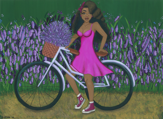 Black woman with natural hair surrounded by lush lavender field, painted in gouache.