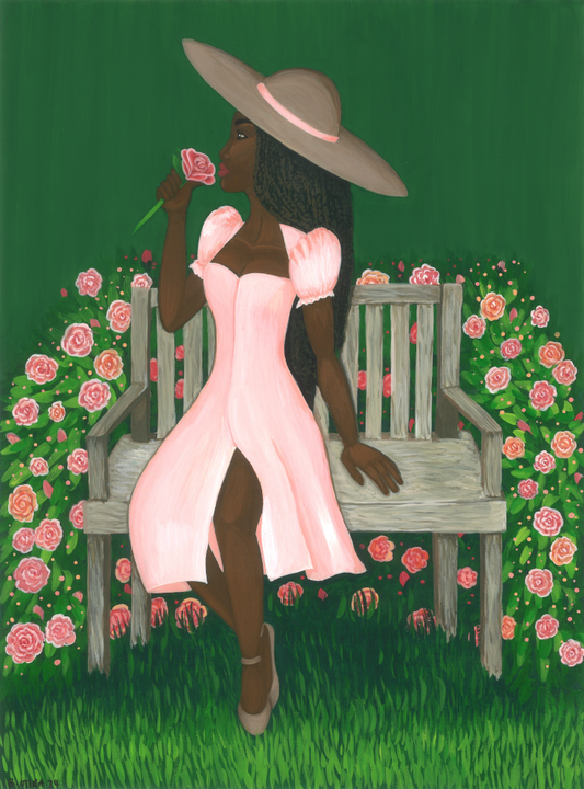 Black woman with natural hair surrounded by lush rose garden, painted in gouache.