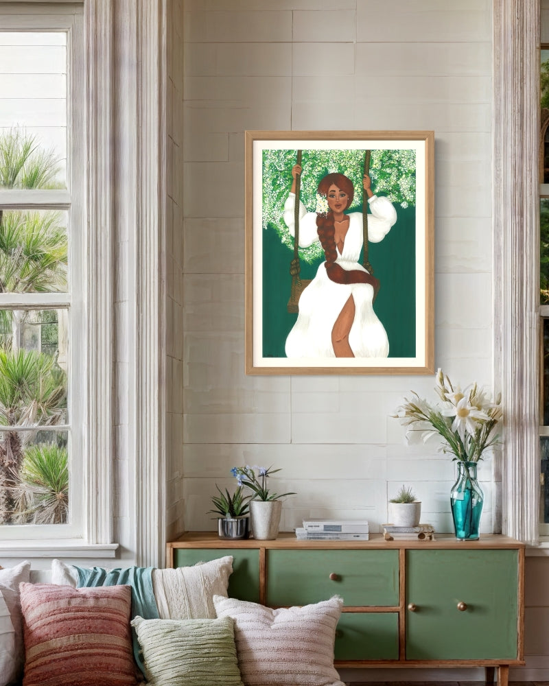 Framed fine art print of Black woman with natural hair surrounded by lush jasmine tree, painted in gouache.