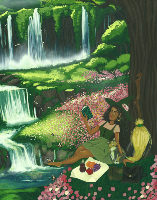 Black woman with natural hair surrounded by verdant lush enchanted forest, painted in gouache.