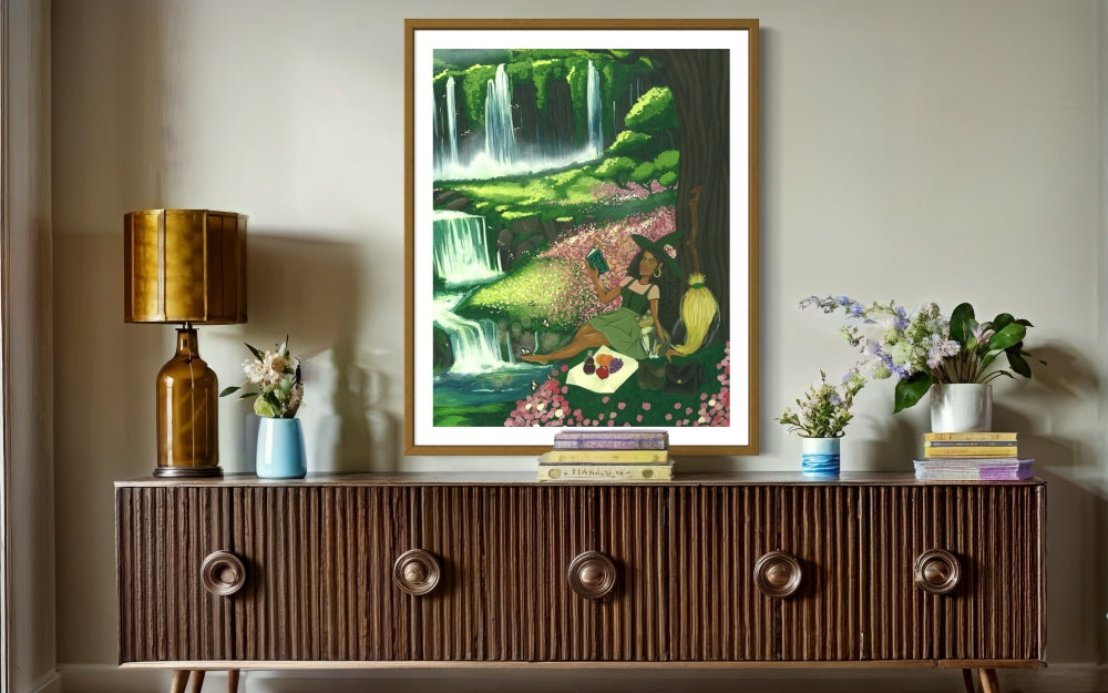 Framed fine art print of Black woman with natural hair surrounded by verdant lush enchanted forest, painted in gouache.