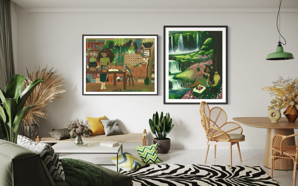 Framed fine art prints of Black women with natural hair surrounded by verdant lush greenery, painted in gouache.