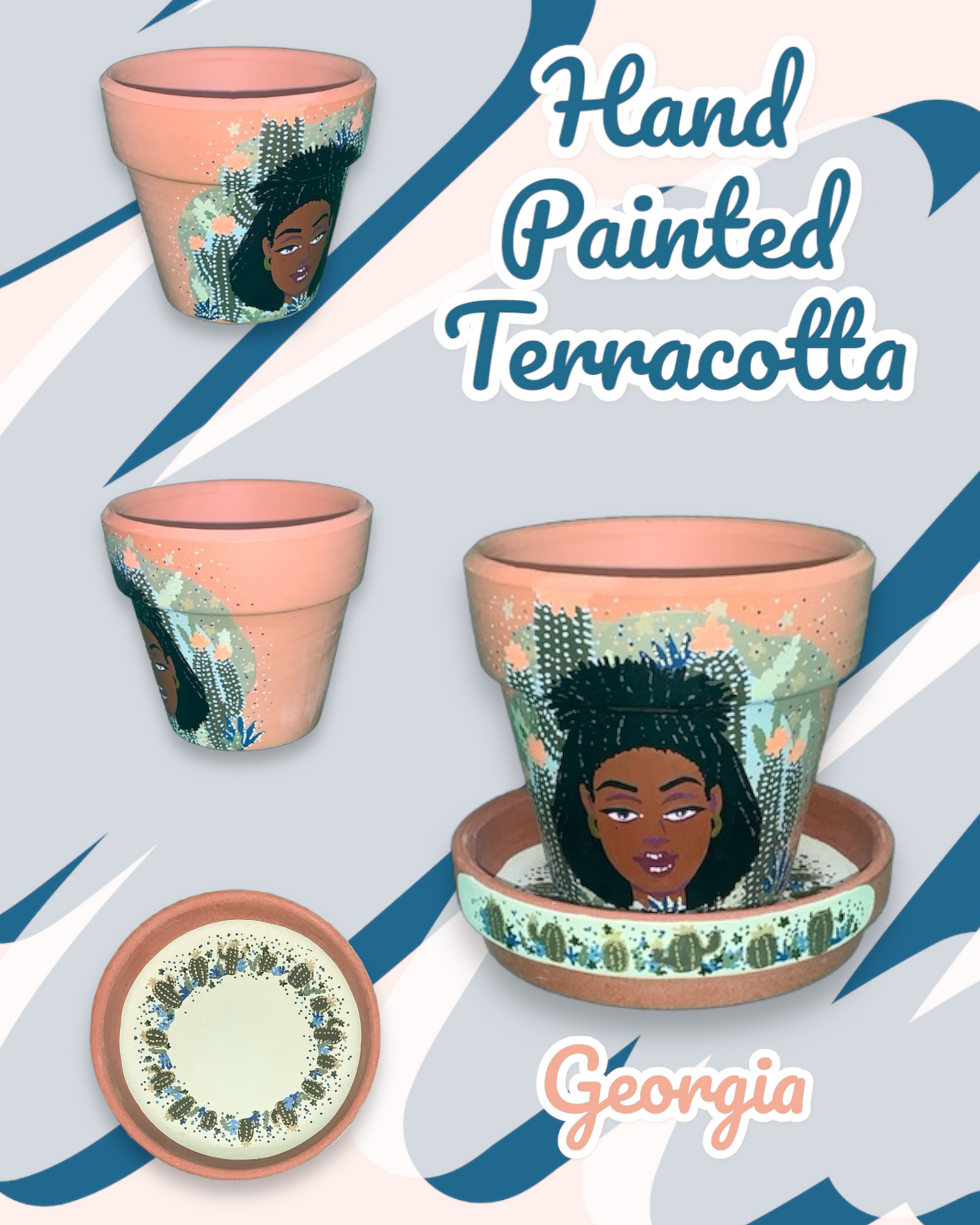 Hand Painted Terracotta Flowerpots - Illustrated Faces