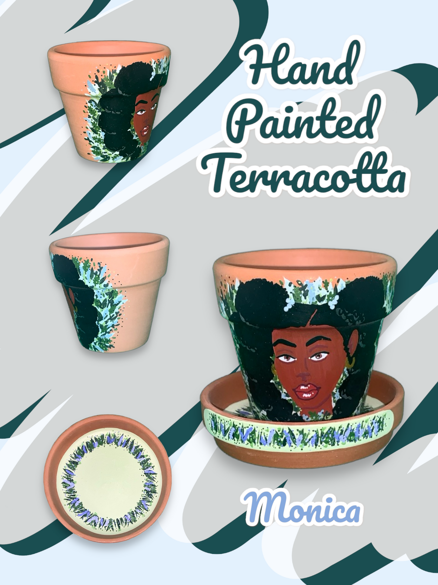 Hand Painted Terracotta Flowerpots - Illustrated Faces