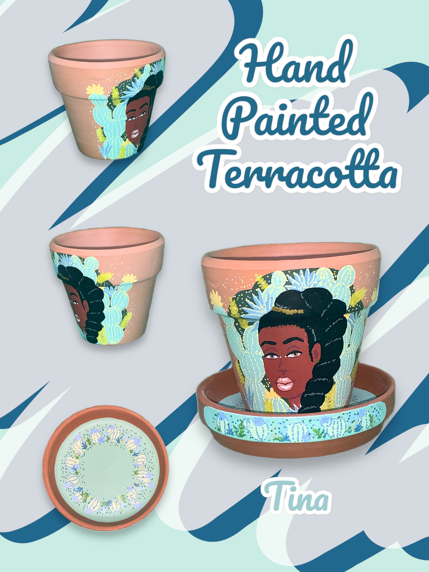 Hand Painted Terracotta Flowerpots - Illustrated Faces