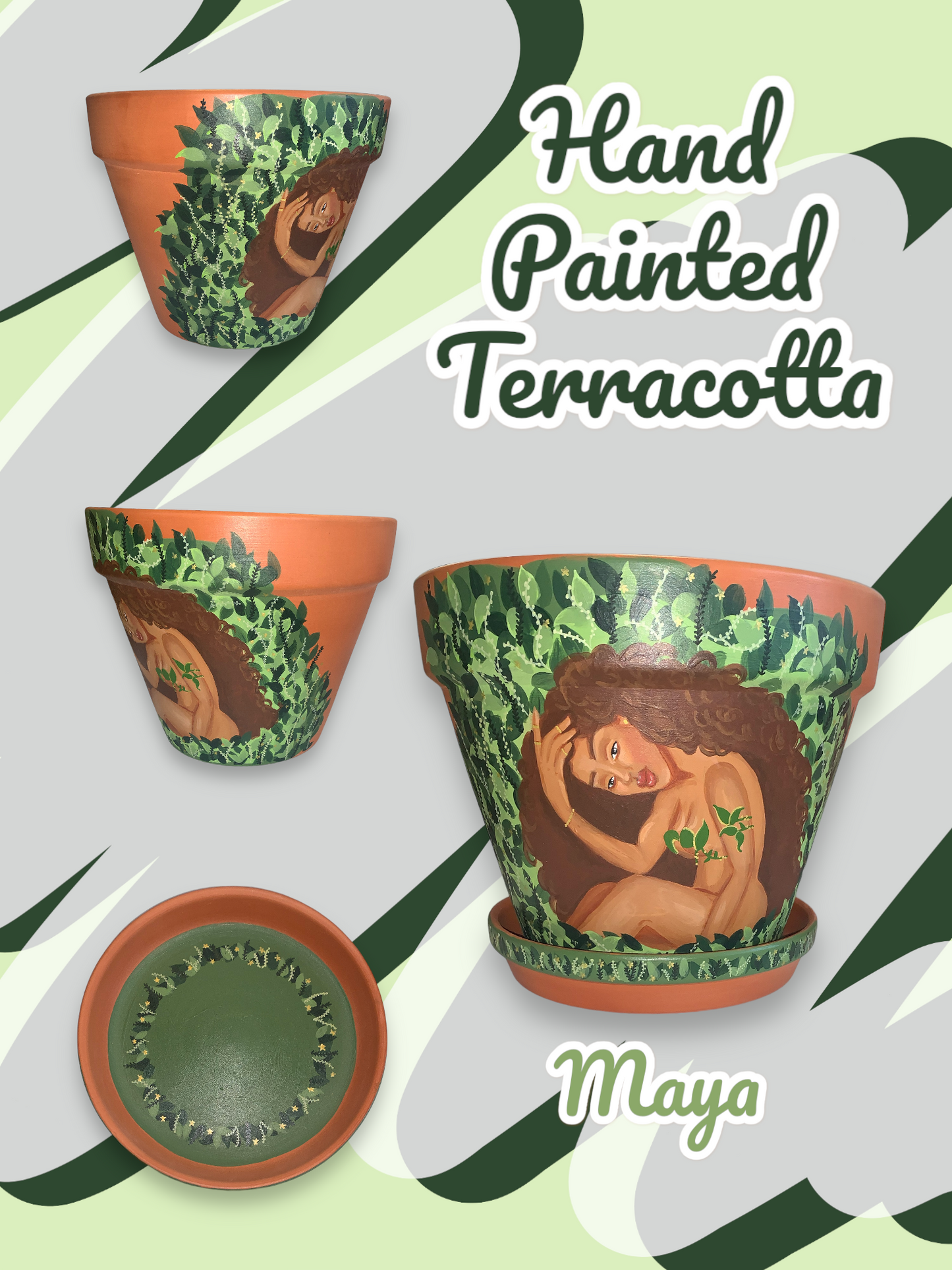 Hand Painted Terracotta Flowerpots - 8" pot with coordinating saucer