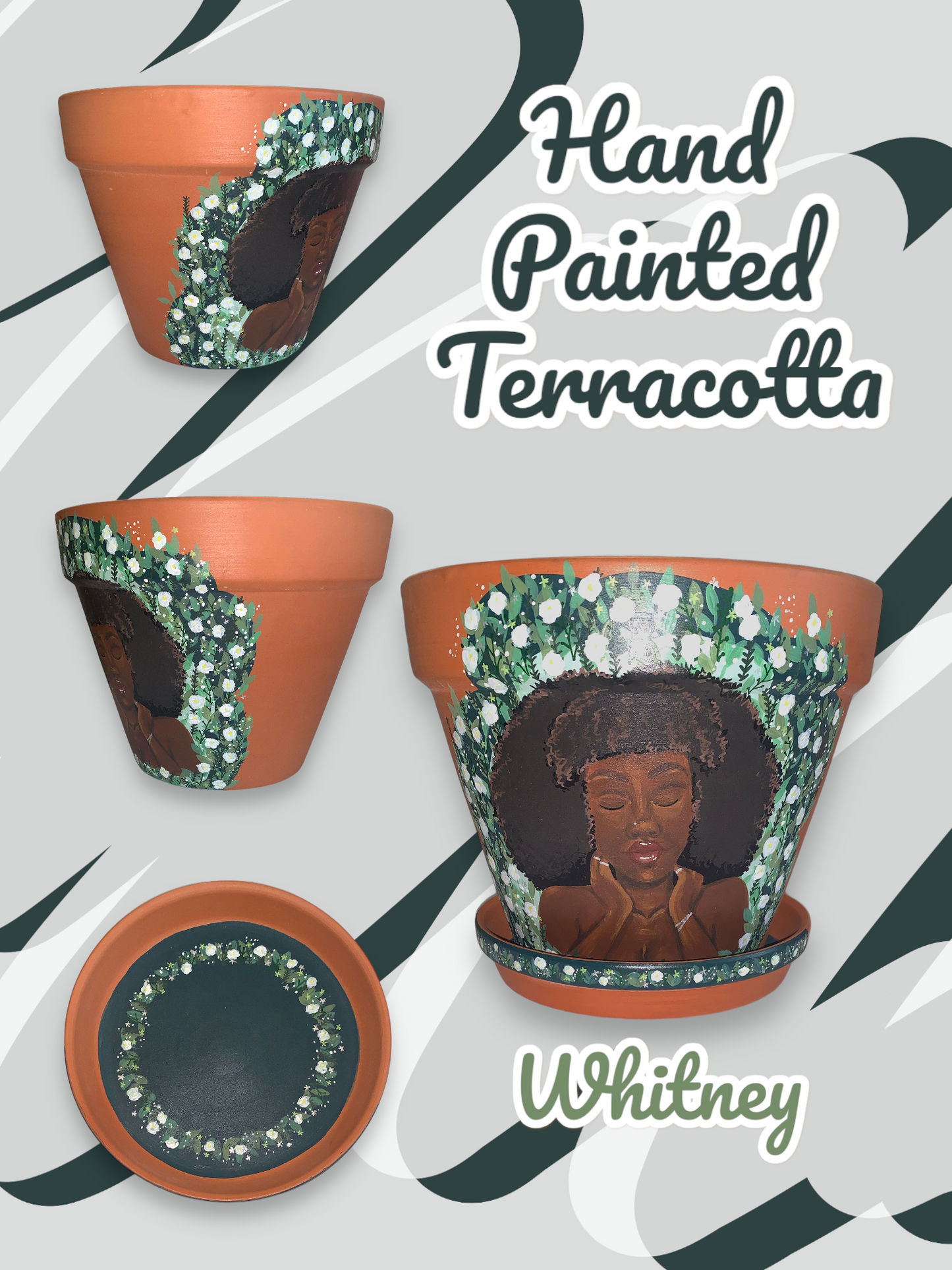 Hand Painted Terracotta Flowerpots - 8" pot with coordinating saucer