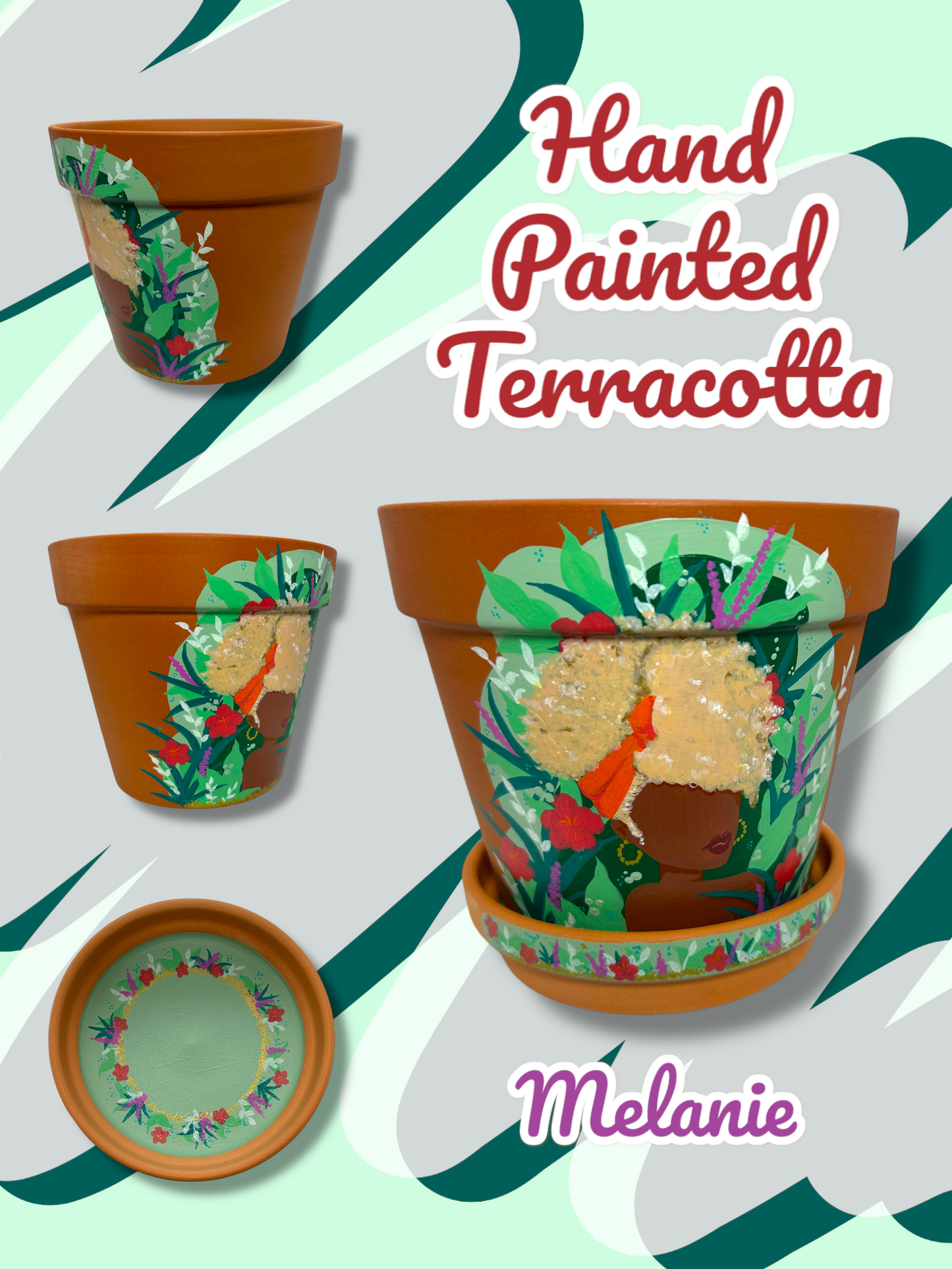 Macetas de terracota pintadas a mano: maceta de 5" con platillo a juego